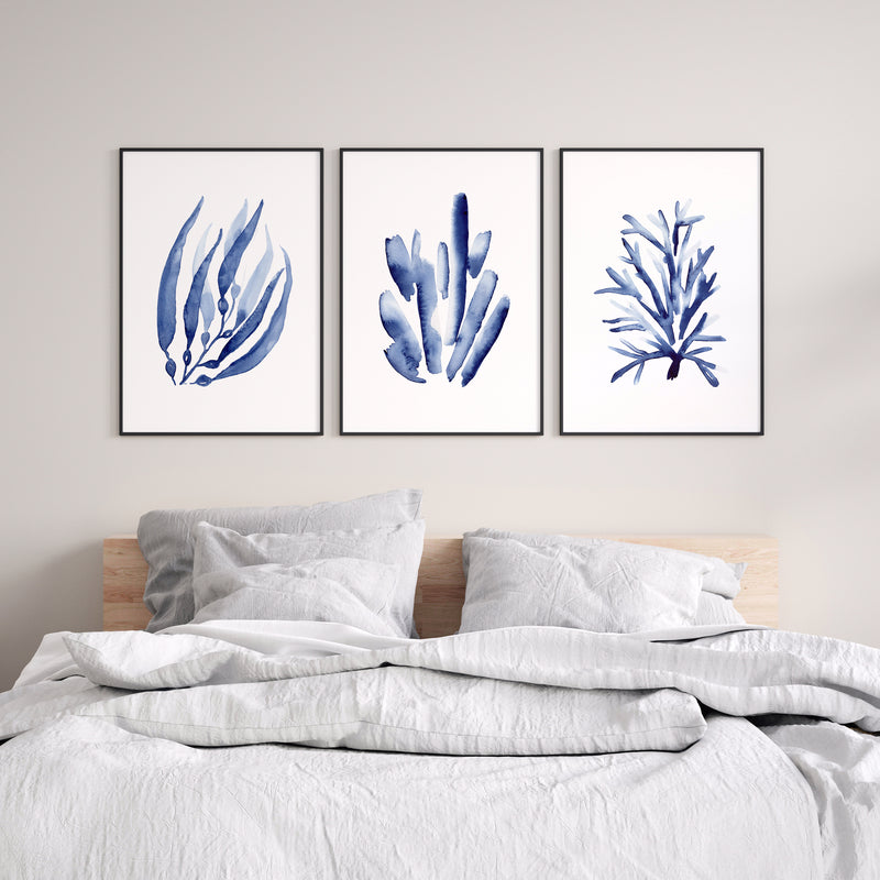 Set of 3 Blue Coral Coastal Watercolour Art Prints