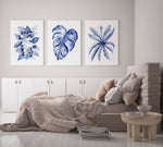 Set of 3 Blue Wall Canvasses and Prints Heart Leaf + Monstera + Birds Nest