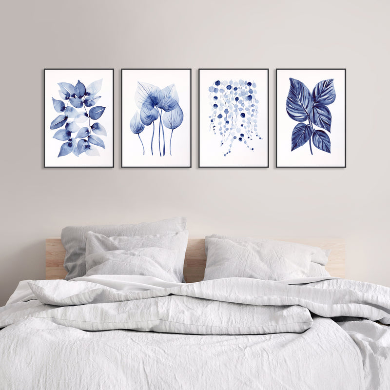 Set of 4 Blue Leaf Paintings Canvasses + Prints