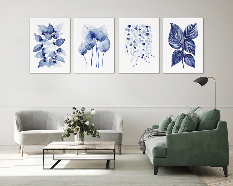 Set of 4 Blue Leaf Paintings Canvasses + Prints