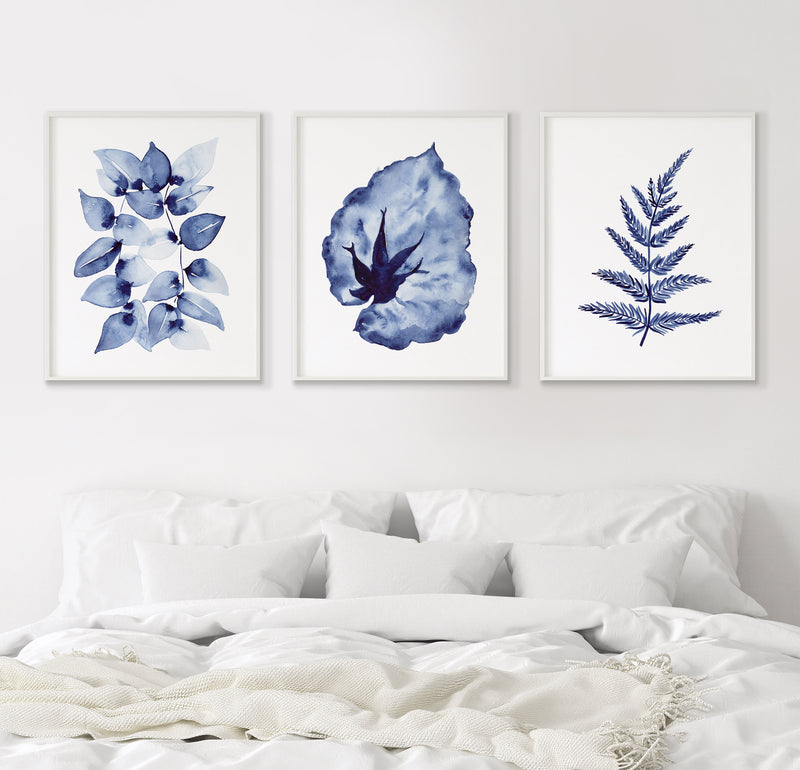 Blue Foliage Watercolour Art Canvas and Prints Set of 3