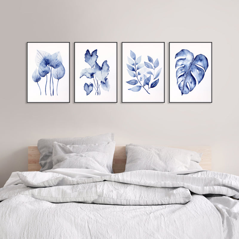 Homalomena + Philodendron Hope + Small Leaved + Monstera Set of 4 Blue Hamptons Canvasses and Prints