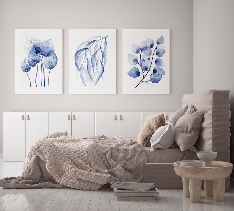 Set of 3 Blue Watercolour Hamptons Canvasses + Prints Homalomena + Nicholii + Silver Dollar