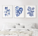 3 Set Blue Botanical Home Theme Leaf Canvasses and Prints