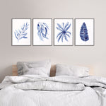 4 Set Blue Print Watercolour Olive + Blue Gum + Birds Nest + Sword Leaf Fern Wall Decor Canvasses and Prints