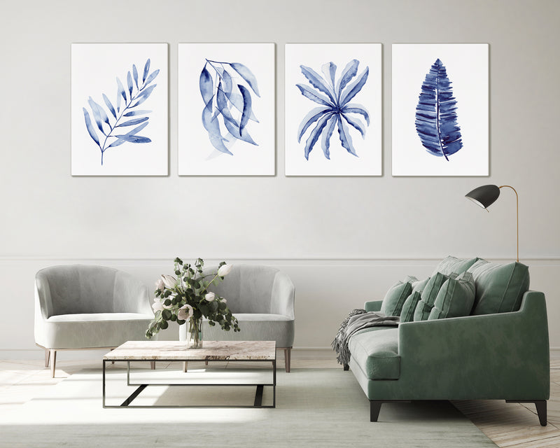 4 Set Blue Print Watercolour Olive + Blue Gum + Birds Nest + Sword Leaf Fern Wall Decor Canvasses and Prints