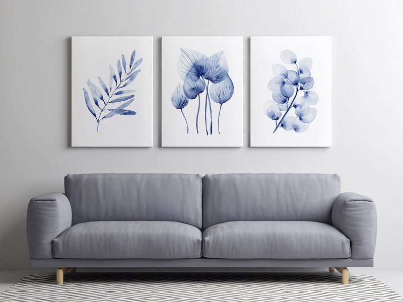 Blue Hamptons Wall Art Decor Watercolour Print Set of 3 Olive Eucalyptus Homalomena