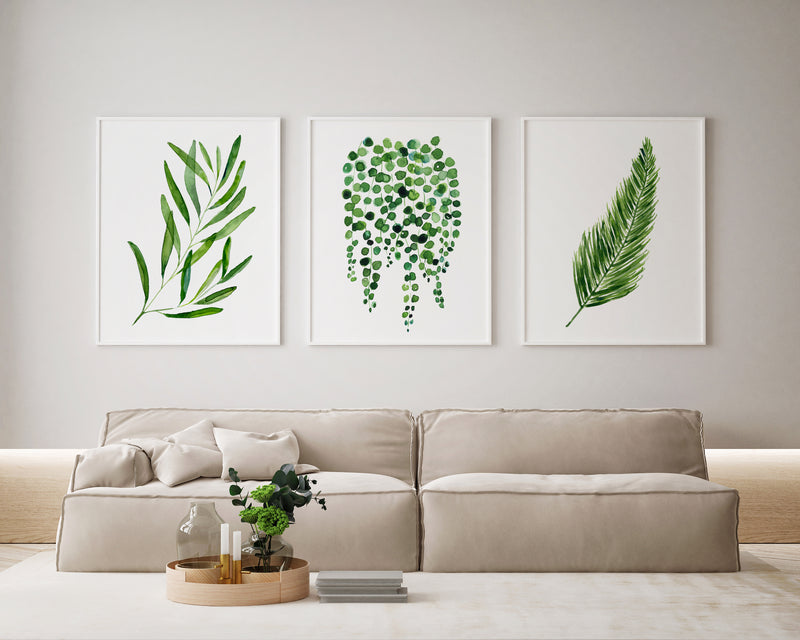 Plant Art Print Trio Olive + String of Pearl + Palm Leaf Wall Art Decor Green Botanical Lounge Room Art