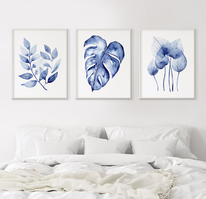 Small Leaved + Monstera + Homalomena Set of 3 Blue Wall Art Prints