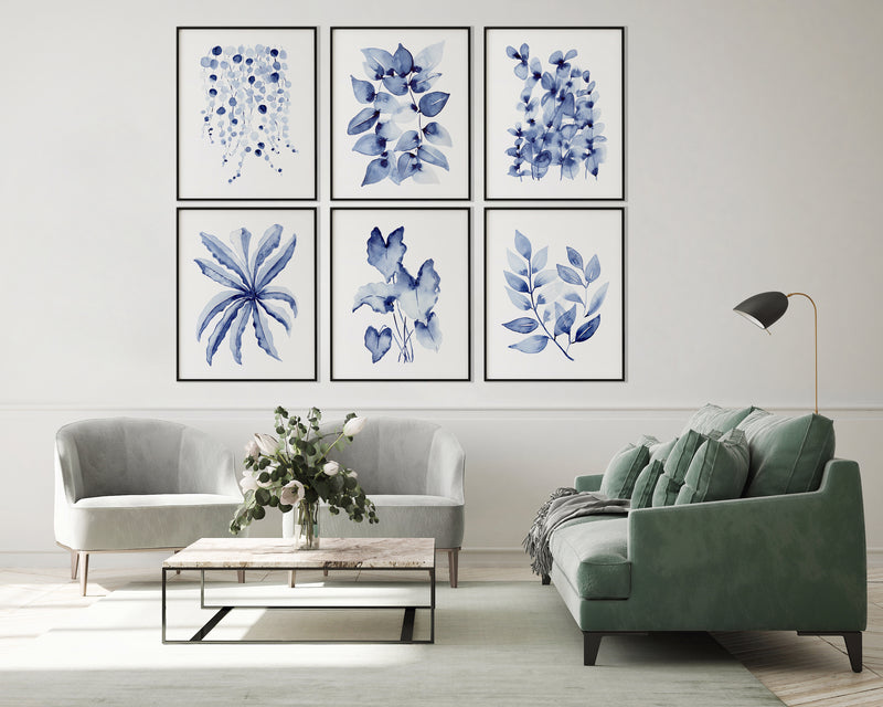 Leaf Watercolour Wall Decor Set of 6 Canvasses and Prints For Blue Living Room and Bedroom