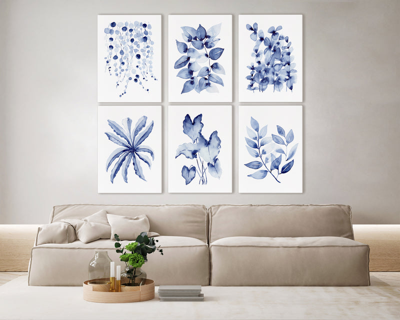 Leaf Watercolour Wall Decor Set of 6 Canvasses and Prints For Blue Living Room and Bedroom