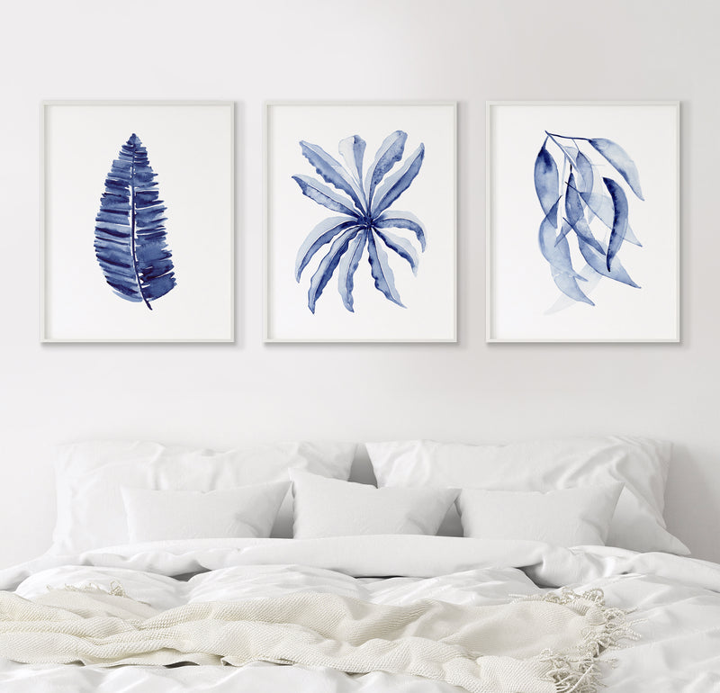 3 Set Blue Watercolour Paintings Botanical Lounge Artwork