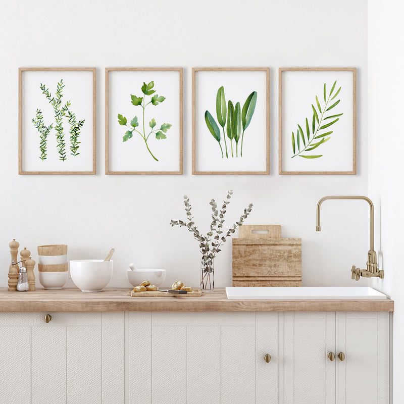 Set of 4 Green Watercolour Herbs Kitchen Wall Hangings Canvasses and Prints